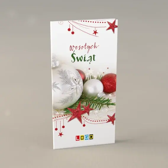 Kartka świąteczna z logo BN3-269 Czerwone iskry i perłowa kula, przód