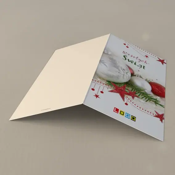 Kartka świąteczna z logo BN3-269 Czerwone iskry i perłowa kula, tył