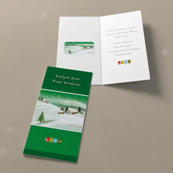 Kartka świąteczna z logo BN3-271 Pejzaż z chatkami i zielenią, widok ogólny