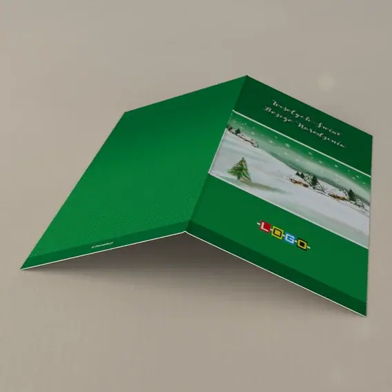 Kartka świąteczna z logo BN3-271 Pejzaż z chatkami i zielenią, tył