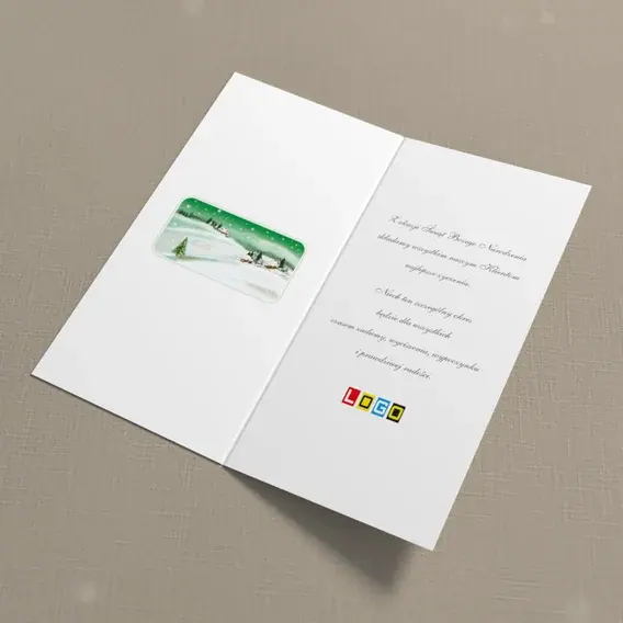 Kartka świąteczna z logo BN3-271 Pejzaż z chatkami i zielenią, wnętrze