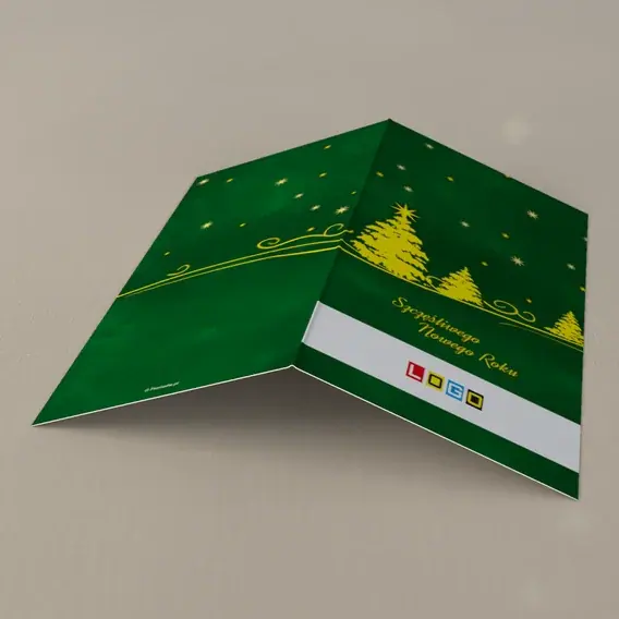 Kartka świąteczna z logo BN3-273 Trzy żółte świerki w mroku, tył