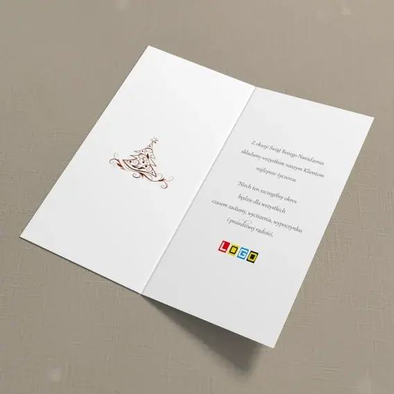 Kartka świąteczna z logo BN3-275 Biały szkic drzewka na czekoladzie, wnętrze