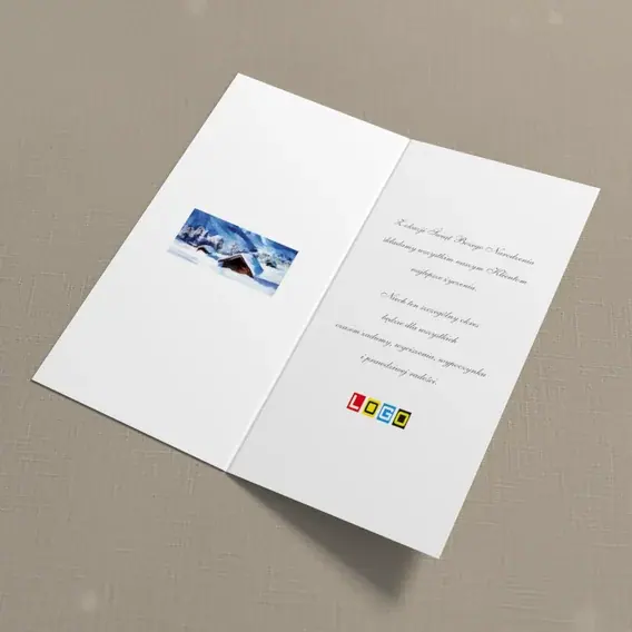 Kartka świąteczna z logo BN3-276 Malowane góry z drewnianą chatą, wnętrze