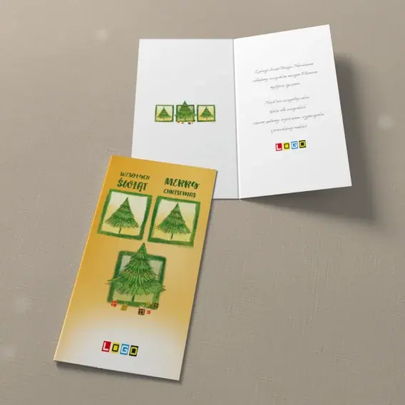 Kartka świąteczna z logo BN3-277 Zielone kwadraty na słonecznej żółci, widok ogólny