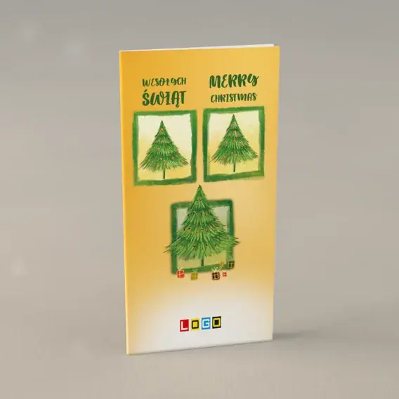 Kartka świąteczna z logo BN3-277 Zielone kwadraty na słonecznej żółci, przód