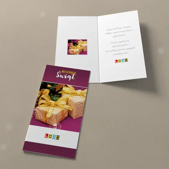 Kartka świąteczna z logo BN3-280 Spiralny papier i złota kula, widok ogólny