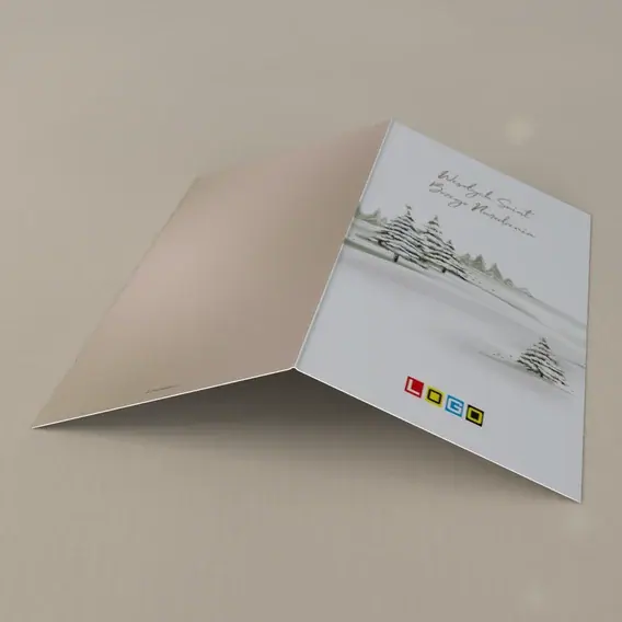 Kartka świąteczna z logo BN3-284 Rząd malowanych świerków w bieli, tył
