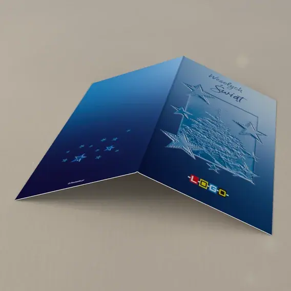 Kartka świąteczna z logo BN3-295 Tłoczona jodła w błękitnym kadrze, tył