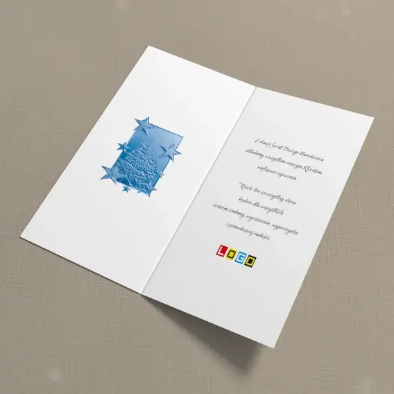 Kartka świąteczna z logo BN3-295 Tłoczona jodła w błękitnym kadrze, wnętrze