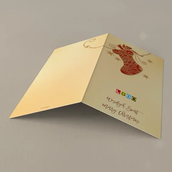 Kartka świąteczna z logo BN3-298 Duża skarpeta w złotych wzorach, tył