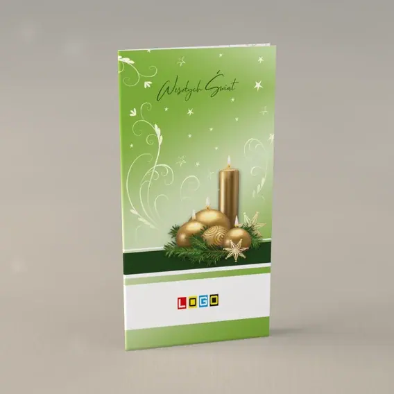 Kartka świąteczna z logo BN3-300 Złote płomyki na zielonym tle, przód