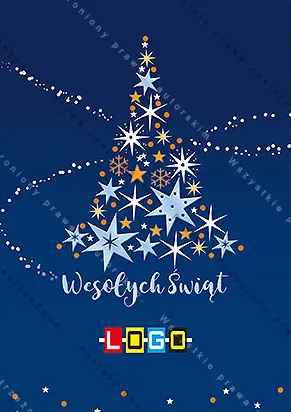 Drzewko z gwiazd w kilku kolorach na granatowym tle ze wstęgami z kropek i białym napisem życzeń pod spodem