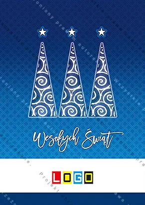 Smukłe białe drzewka z haftem ze spiral i gwiazdkami nad czubkami, niebiesko-granatowe tło z rombami