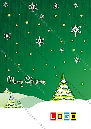 Prążkowana zieleń, u dołu pagórki z choinkami w śniegu, wyżej śnieżynki, złote kropki i napis Merry Christmas