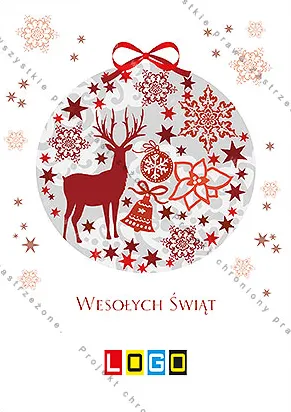 Okrągła ozdoba ze zwierzęciem z rogami, dzwonkiem i kwiatem, w tle biel z gwiazdkami, pod spodem czerwony napis