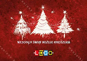 Trzy białe drzewka w gwiazdki na czerwonym tle, pod nimi życzenia białą czcionką z szeryfami