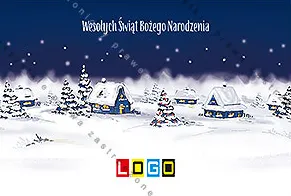 Płaska ilustracja kolorowych domków ze świecącymi oknami i choinkami, białe życzenia na gwiaździstym niebie
