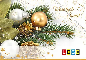 Złotozielona przezroczysta wstęga, szyszka w brokacie, bombki na świerku i kremowe tło w złotych kropkach
