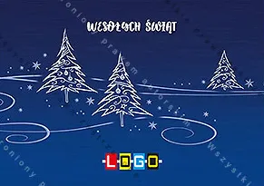 Trzy choinki w samym białym obrysie z kropkami i spiralkami, na ciemnym granacie, nad nimi biały napis życzeń