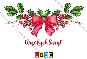 Łukowa girlanda z zielonych liści, jagód i satynowej kokardy na białej bazie, pod nią czerwony napis życzeń
