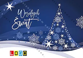 Drzewko z biało-błękitnych gwiazd i śnieżynek na ciemnym granacie z jasnymi smugami, po lewej napis życzeń