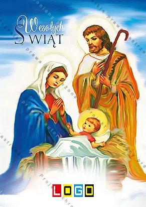 Maryja i Józef nad małym Jezusem, jasne niebo, błękitny napis życzeń