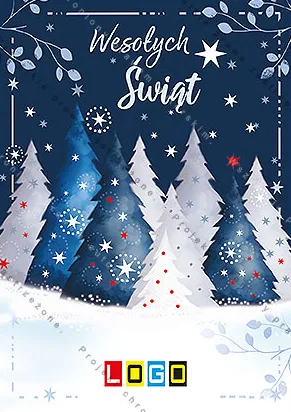 Ozdobne drzewka w bieli i błękicie pośród gwiazdek i śniegu na granacie