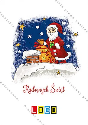 Rysowany Święty Mikołaj z workiem stoi przy kominie, nad nim granatowa noc z gwiazdami, pod rysunkiem czerwony napis