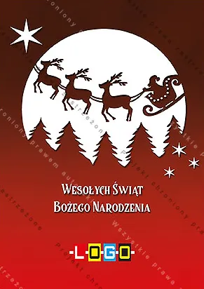 Czarne zarysy reniferów z saniami na tle pełni księżyca nad lasem, tło płynie z brązu w czerwień, niżej życzenia