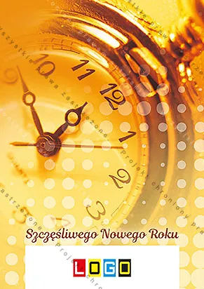 Złoty zegarek kieszonkowy z bliska, tło z plamami światła, ciemnoczerwony napis życzeń noworocznych