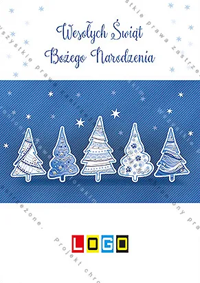 Pięć białych drzewek o odmiennych motywach na szerokim granatowym pasie, górą śnieżynki i niebieskie życzenia