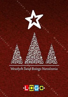 Trio białych choinek w koronkowym deseniu pod gwiazdą o pięciu ramionach, bordowa faktura, pod spodem życzenia