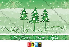 Trzy zielone drzewka w białe kropki nad falistymi liniami, życzenia noworoczne w kadrze
