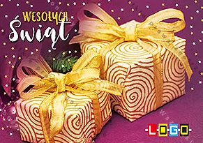 Para kremowych podarków ze spiralnym deseniem i złotą kokardą, w tle fiolet z gwiazdkami, niżej napis życzeń