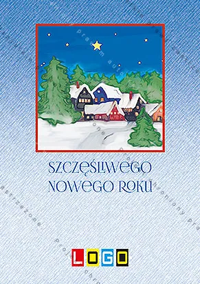 Kwadratowy obrazek zaśnieżonej wioski w ramce na niebieskim teksturowanym tle, niżej życzenia noworoczne