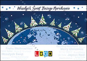 Choinki dookoła granatowego globu, rozłożony