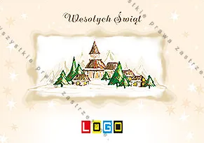 Beżowa wieś z wieżą i domkami w falistej ramce, zielone choinki, białe gwiazdki w tle, kursywa u góry