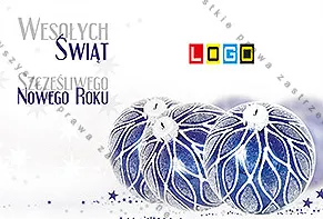 Granatowe bombki w fale w dolnym prawym rogu, na białym polu gwiazdki, po lewej wersaliki z życzeniami