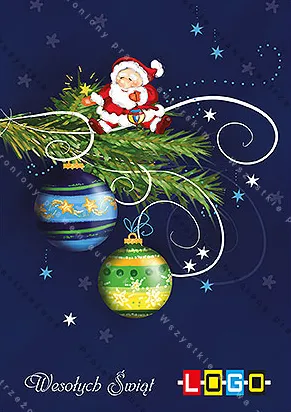 Rysunkowy Mikołaj na gałęzi macha, pod nim bombki w niebieskie pasy i w żółty deseń, granatowe niebo