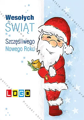 Mikołaj zagląda z prawej krawędzi, w ręku złoty dzwonek z ostrokrzewem, tło błękit i biel, granatowe życzenia