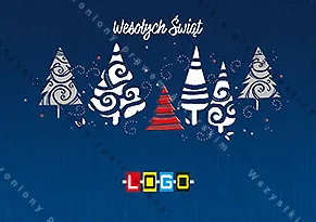 Sześć ażurowych drzewek, w tym jedno w czerwone paski, na granacie o fakturze tkaniny, białe i czerwone kropki