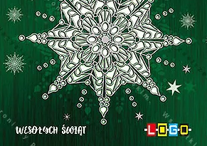 Duży ażurowy płatek w bieli i srebrze, zielone podłoże ze słojami, mniejsze płatki dookoła, napis w rogu