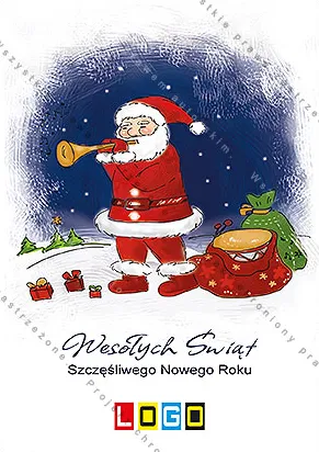 Święty w czerwieni ze złotym instrumentem, paczki, bębenek i wór, śnieg w niebieskiej mglistej ramie