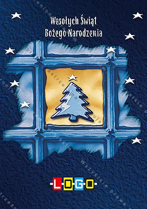 Zaszroniona okienna rama ze szprosami, wewnątrz złote światło i choinka, granatowa noc ze światełkami