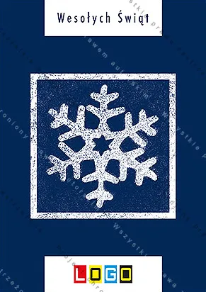 Śnieżynka o sześciu ramionach w ramie z chropowatym brzegiem na granatowym tle, u góry jasny pas z życzeniami
