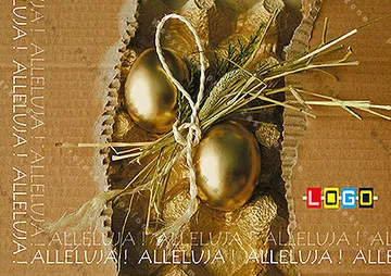 Pozłacane jajka obwiązane jutą, ułożone w słomie na szarej falistej tekturze, w tle wielokrotnie Alleluja