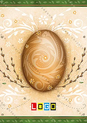 Duże ciemne jajo ze spiralnym deseniem, białe zawijasy na beżu, zielone listwy z góry i z dołu