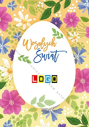 Żółty fon pokryty wielobarwnymi kwiatami i biały owal ze złotymi życzeniami pośrodku kartonu