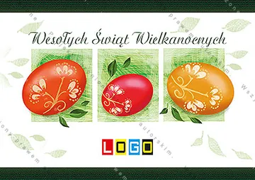 Biała powierzchnia z życzeniami nad trzema czerwono-pomarańczowymi jajami w zielonych polach